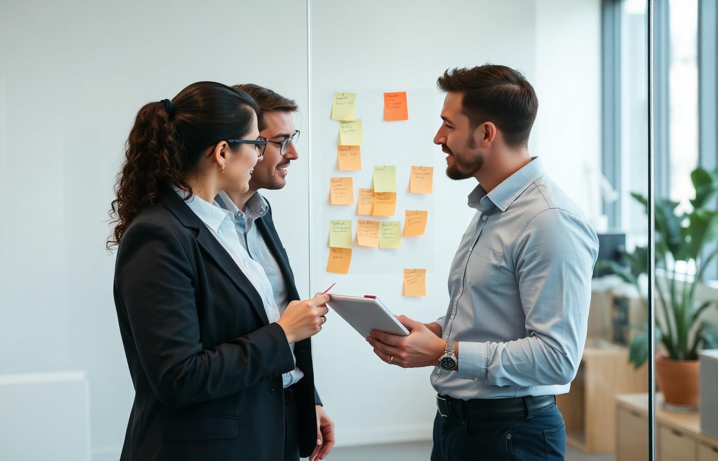 Two colleagues reviewing project notes together beside a glass wall in a bright office