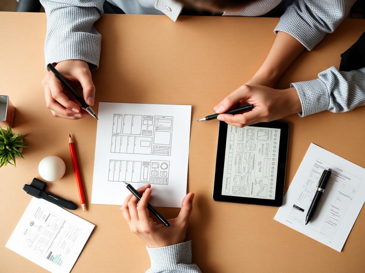 Overhead view of interface wireframes being sketched during a product design session