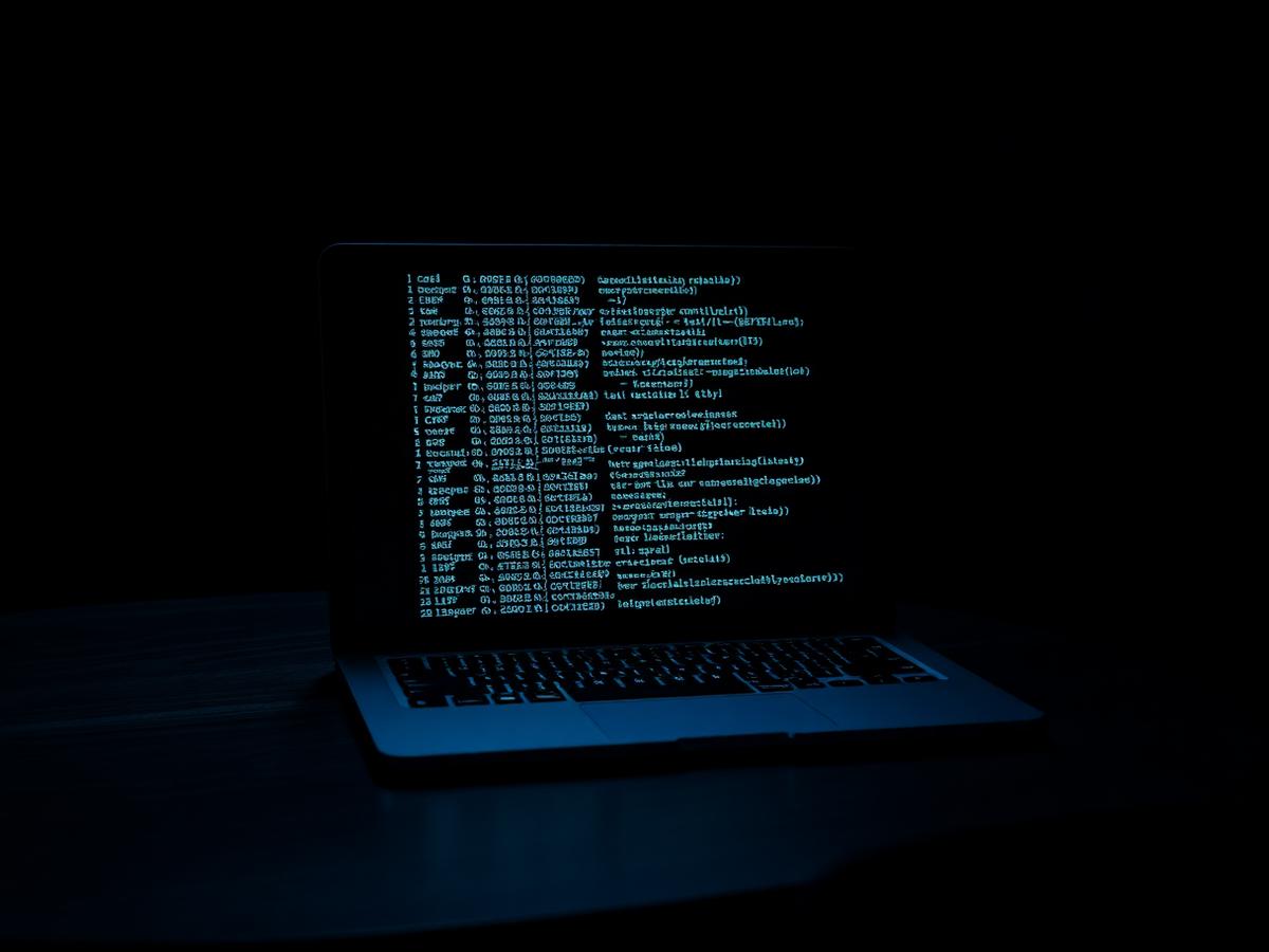 Laptop showing code in a darkened room during a security review